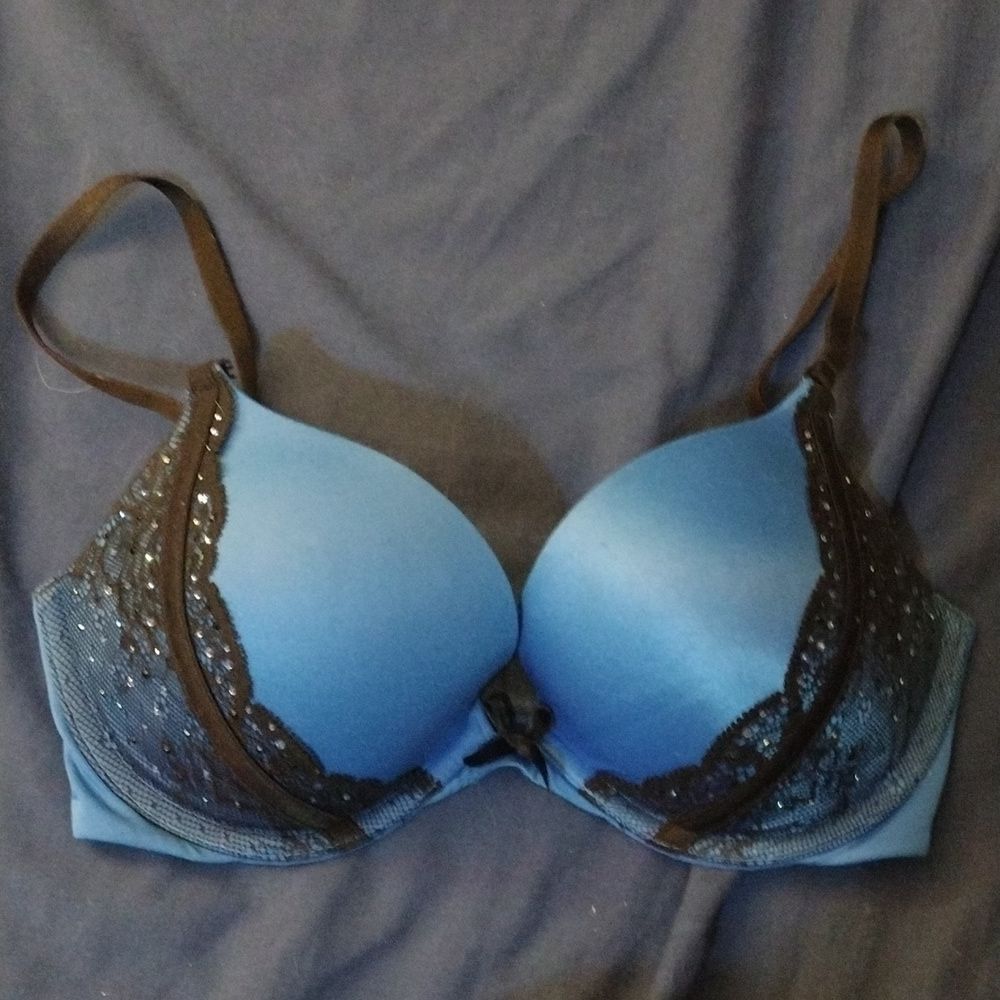 Very sexy Victoria's secret pushup bra blue black rhinestone lace bow underwire